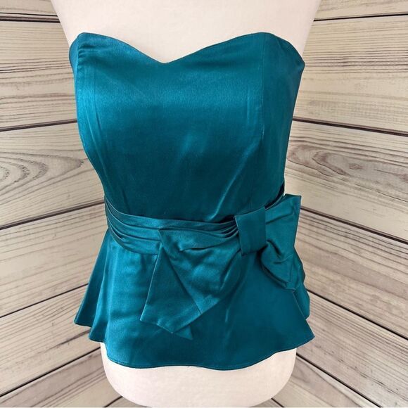 Prophecy Vintage Teal Blue Satin Strapless Peplum Bow Top - Picture 3 of 10